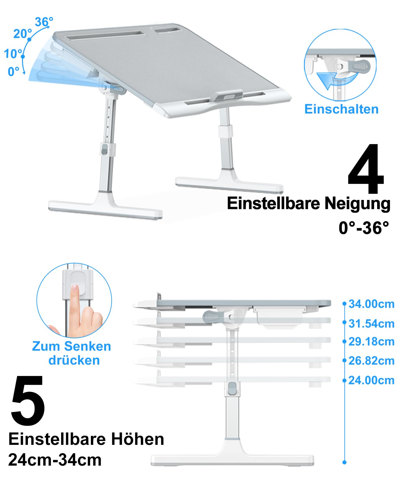 Laptoptisch, Potuopy Leder verstellbare Höhe Winkel faltbar Betttisch, X-Large Laptop Tisch für Sofa mit Eco Holzbrett für die Arbeit Lesen Essen auf dem Bett Sofa Boden (grau, 60 * 40cm)
