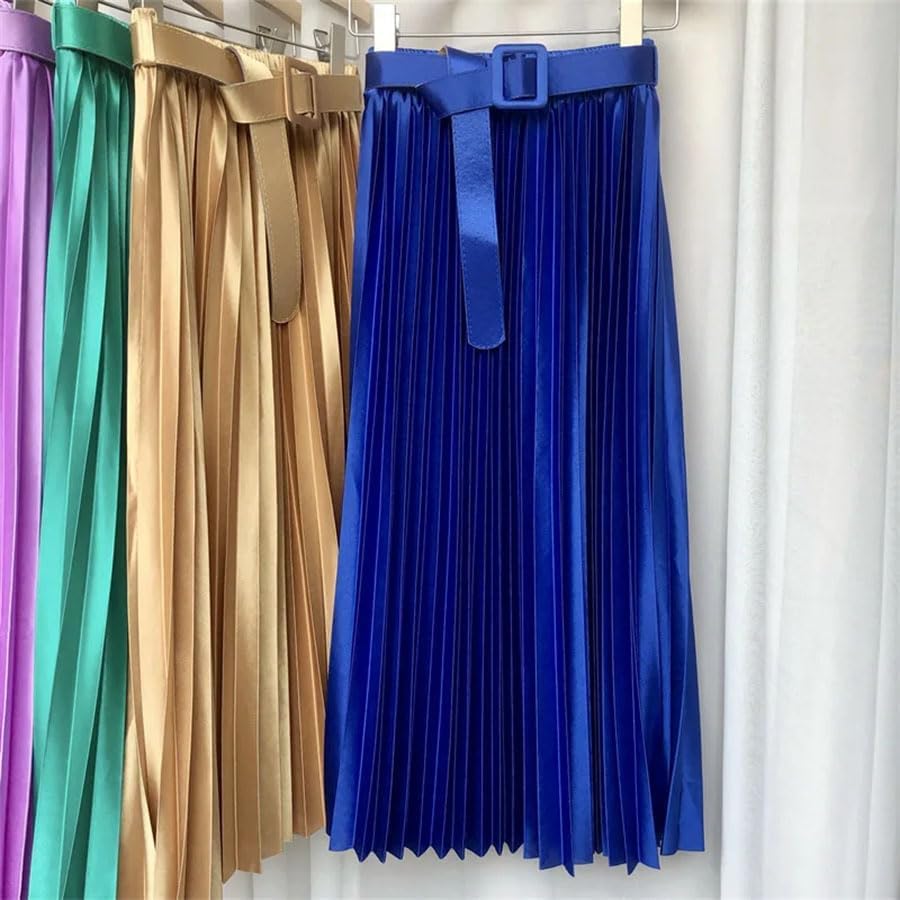 Women High Waist Pleated Solid Skirt with Belt Lightweight Summer Midi Umbrella Skirt4