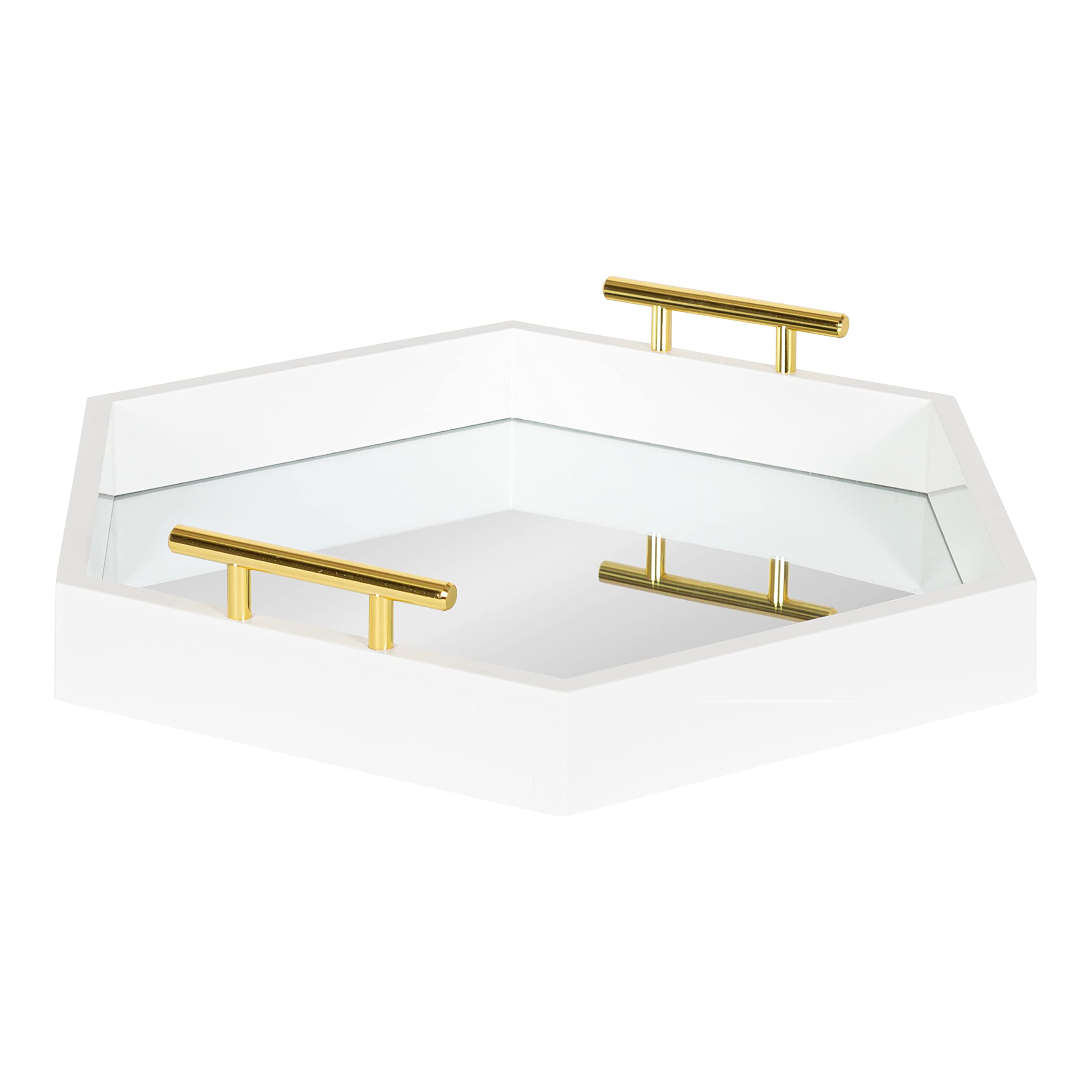 Kate and Laurel Lipton Modern Hexagon Mirrored Tray; 18 x 18; White and Gold; Midcentury Decorative Serving Tray for Storage and Display