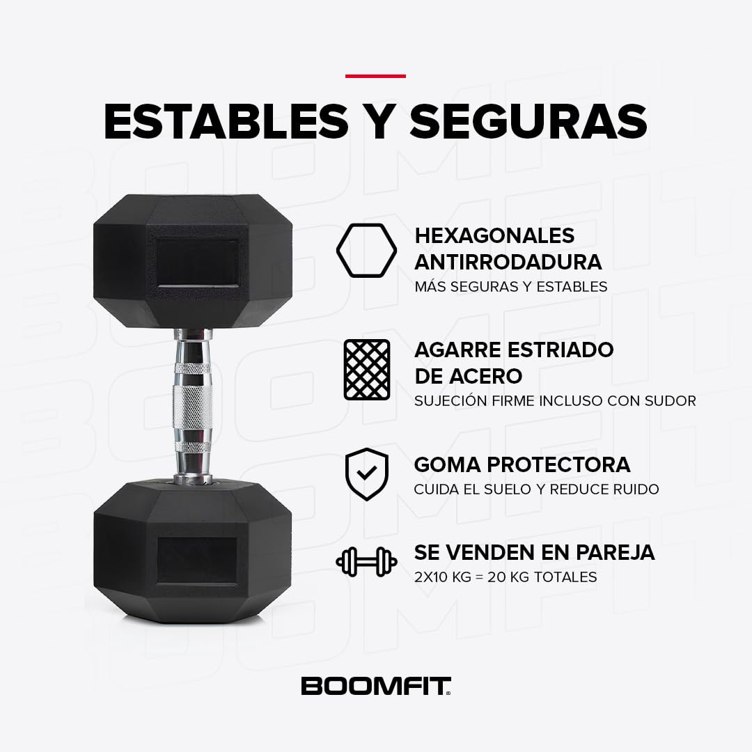 BOOMFIT Mancuernas Hexagonales 1–50 kg (par) con recubrimiento de goma y agarre antideslizante | Pesas y mancuernas para home gym | Pesas para musculación y entrenamiento de fuerza