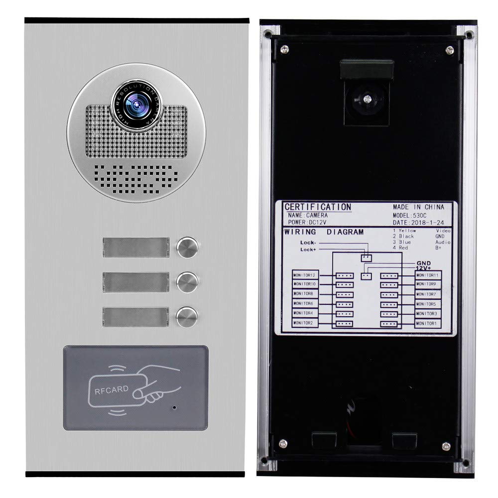 KDL Accueil Interphone Vidéo RFID de 7 Pouces Système de Porte Téléphonique 3 Moniteurs avec 1 Caméra avec Vision Nocturne Infrarouge pour Multi Appartements/Bâtiment Bas avec Porte-clés 125KHz