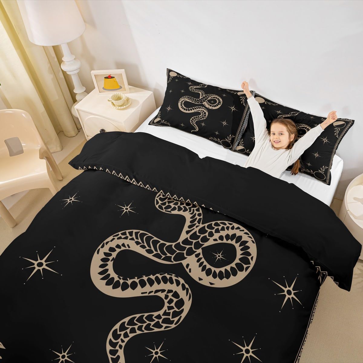 Snake Printed Bedding Set,Boho Sun and Moon Duvet Cover for Kids Teens Boys,Starry Sky Galaxy Comforter Cover Decorative Room,Black and Brown Quilt Cover with 2 Pillowcases,King Size(No Comforter)