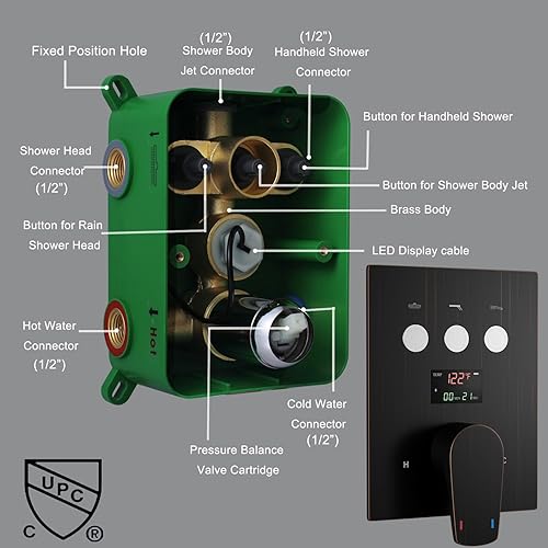 Miniatura 2 de Juego completo de grifos de ducha, sistema completo de ducha de bronce aceitado, pantalla digital de temperatura, botón desviador de grifo de ducha