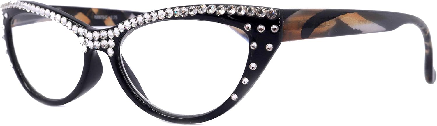 NY FIFTH AVENUE The Lynx, Cat Eye Full Top Women Bling Reading Glasses Adorned with Clear Genuine European Crystals Cat eye Black Frame