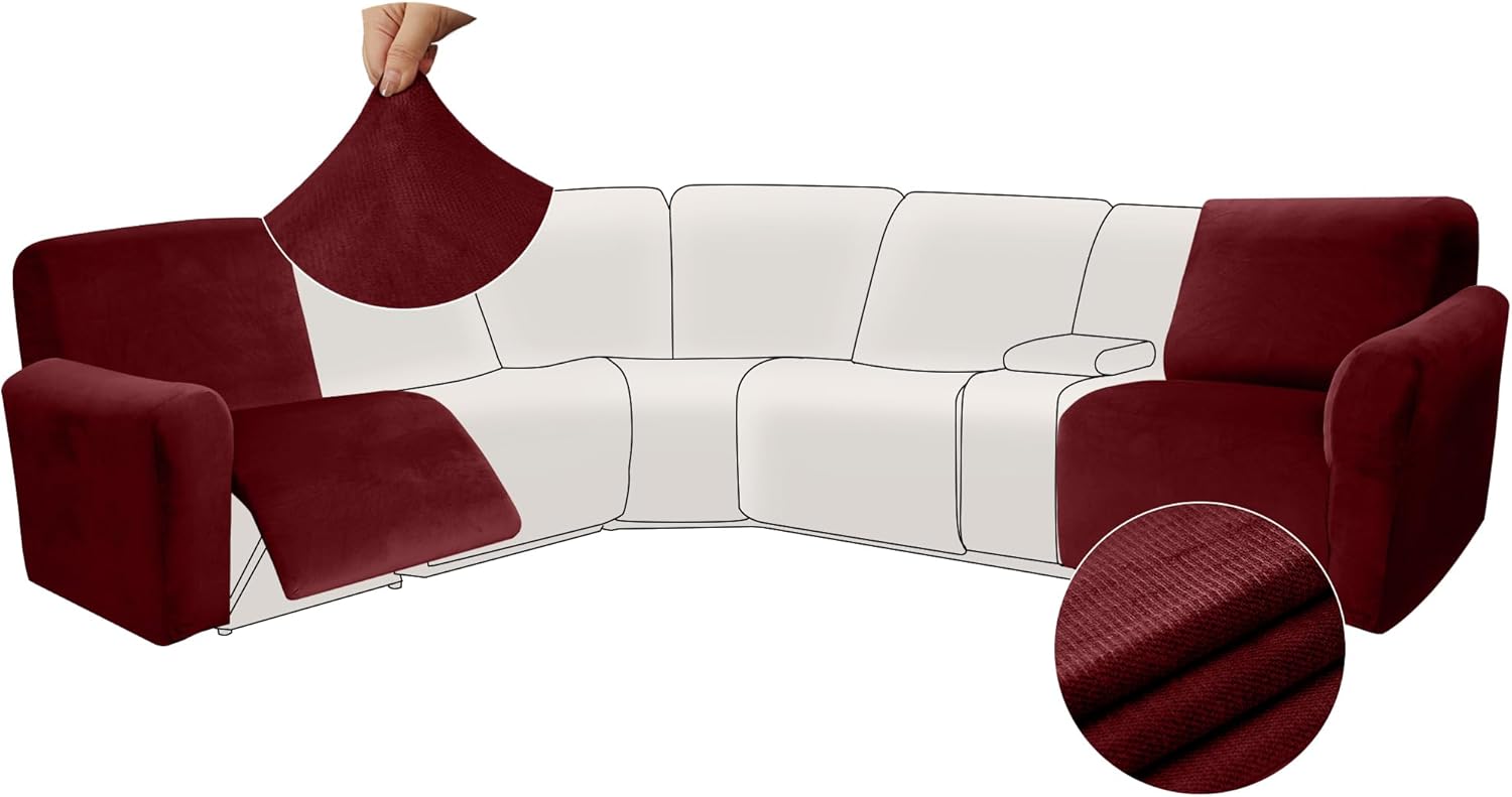 Arfntevss Velvet Striped Recliner Couch Covers Stretch L Shaped Sectional Sofa Cover Soft Reclining Loveseat Slipcovers Set 6-Piece Washable Non Slip Furniture Protector (2 Seat with Arms, Wine Red)