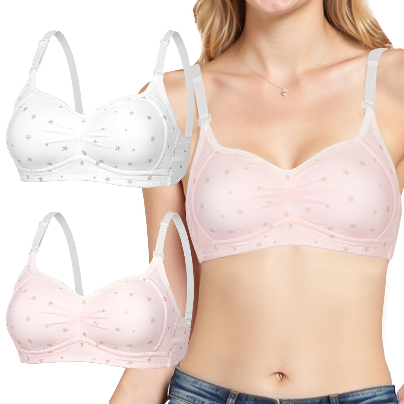 AIEOE 2er BH Teenager Mädchen Bra Softbra Baumwolle Bralette Ohne Bügel Gepolsterte Unterwäsche Trainings-BH für 12-18 Jahre Kinder mit verstellbarem und abnehmbarem Schultergurt - 32-38