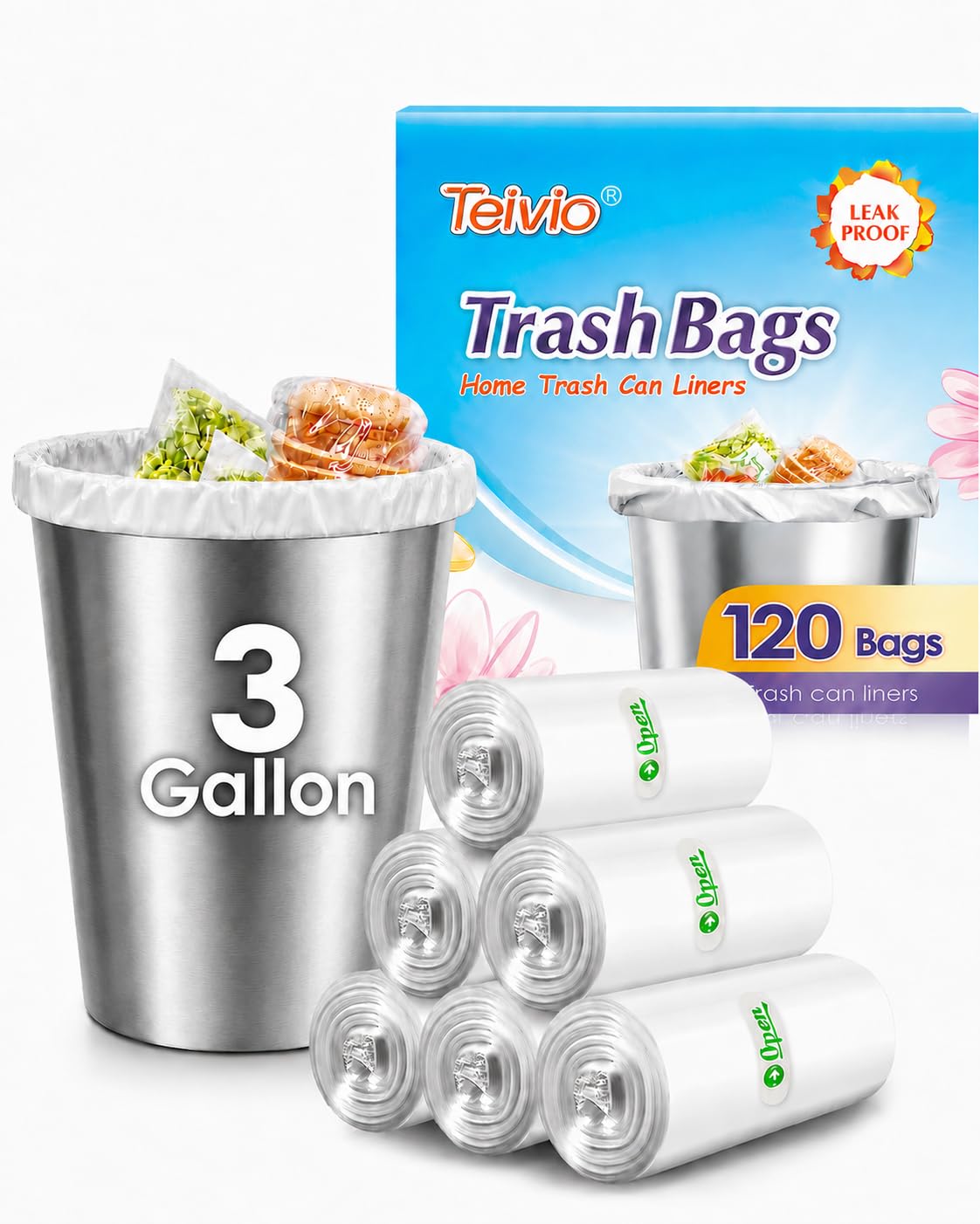 Teivio - Bolsas de basura resistentes de 3 galones, 80 unidades, bolsas de basura para baño, bolsas de plástico para oficina en casa, cocina, transparente