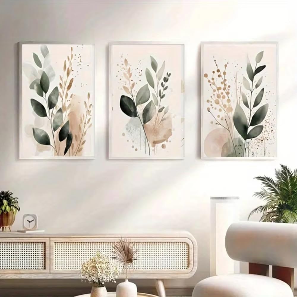 awtrhfc Frameless Minimalist Bohemian Canvas Printing, Abstract Nordic Design with Green Leaves, Ideal Modern(30x40cm(12x16in) x3/No frame)