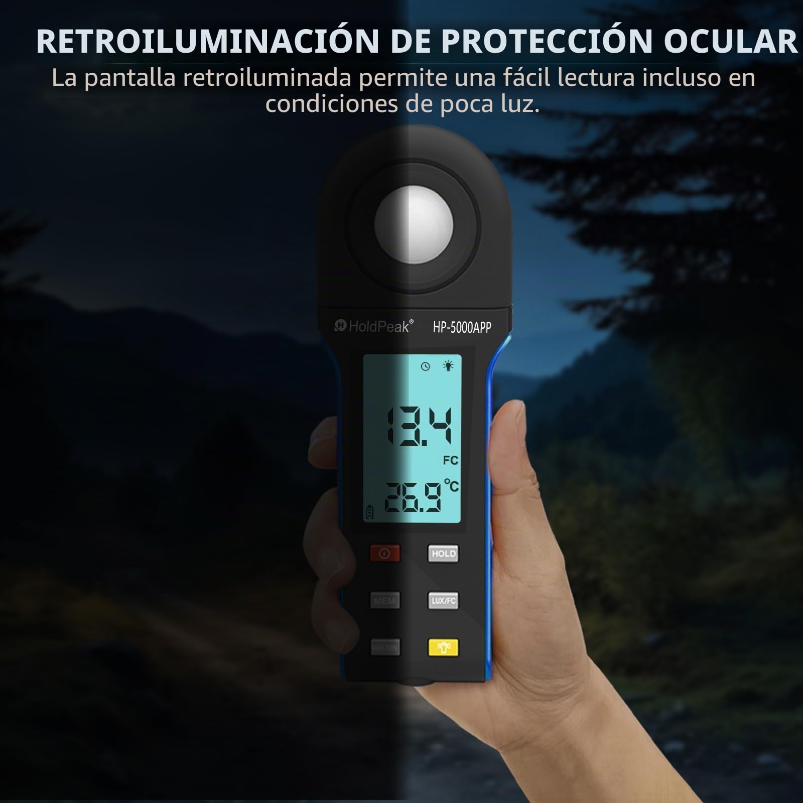 Medidor de luz digital para medición luminosa, 400,000 Lux 5000APP, medidores de luz, medidor digital portátil ambiental, para luz LED/plantas, rotativo 270º, APP Operación