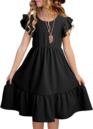 blibean Girls Summer Dresses Kids Double Layer Ruffle Sleeve Dress Size 6-15 Years