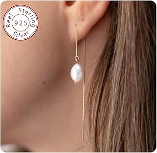 Sterling Silver Pearl Earrings Baroque Pearl Earrings Threaded Earrings Chain Earrings Double piercing drop Earrings freshwater pearl earrings dangling pearl earrings Wedding Earrings