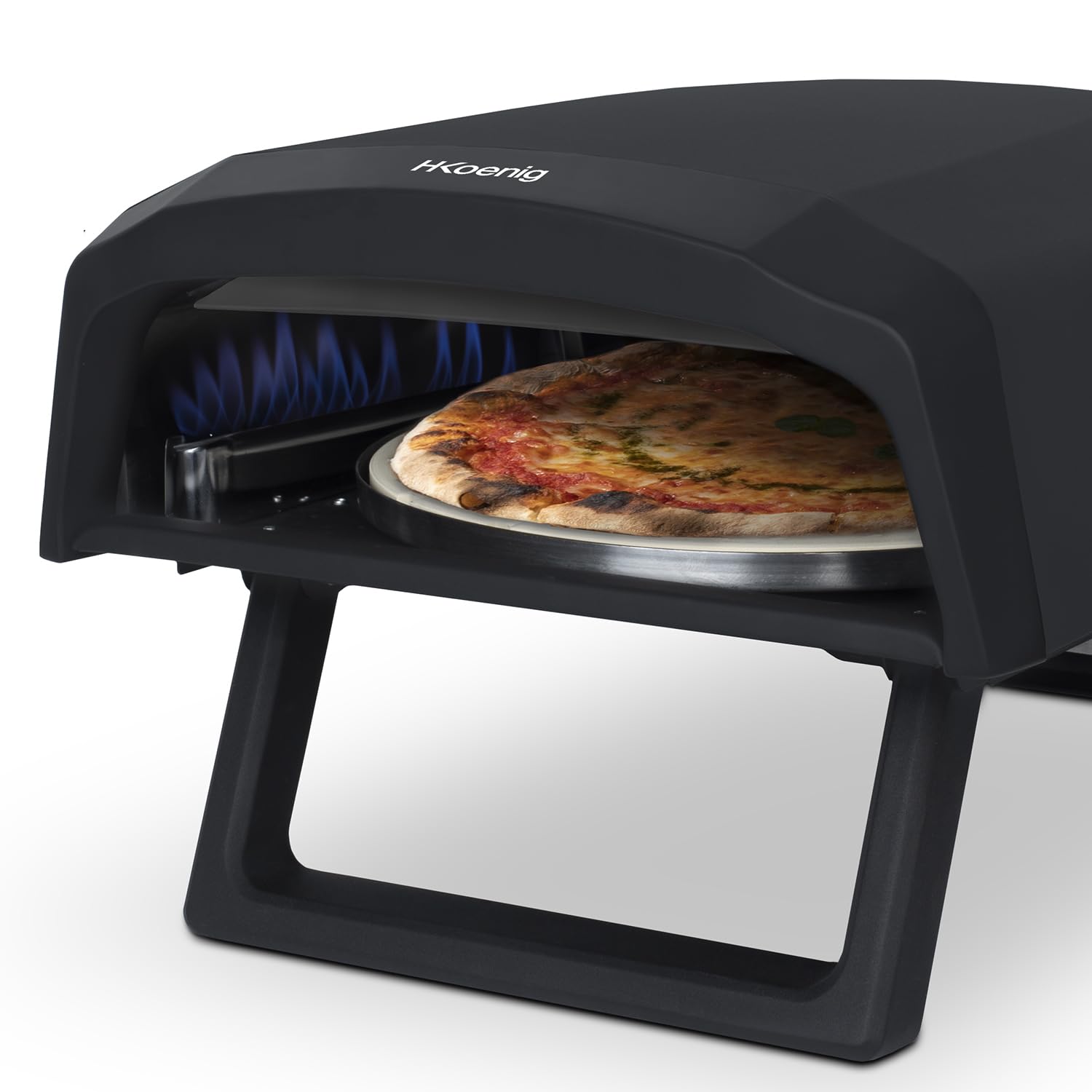 H.Koenig GINO640 piec do pizzy gazowy, stal nierdzewna, 32 cm, powierzchnia obrotowa o 360 stopni, kamień Cordierite, do 500°C, składane nóżki, łopatka do pizzy i regulator