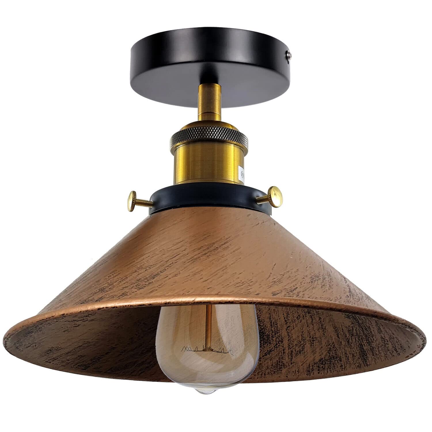 Brushed Copper Semi Flush Ceiling Light 22cm Metal Cone Shade with Bulb
