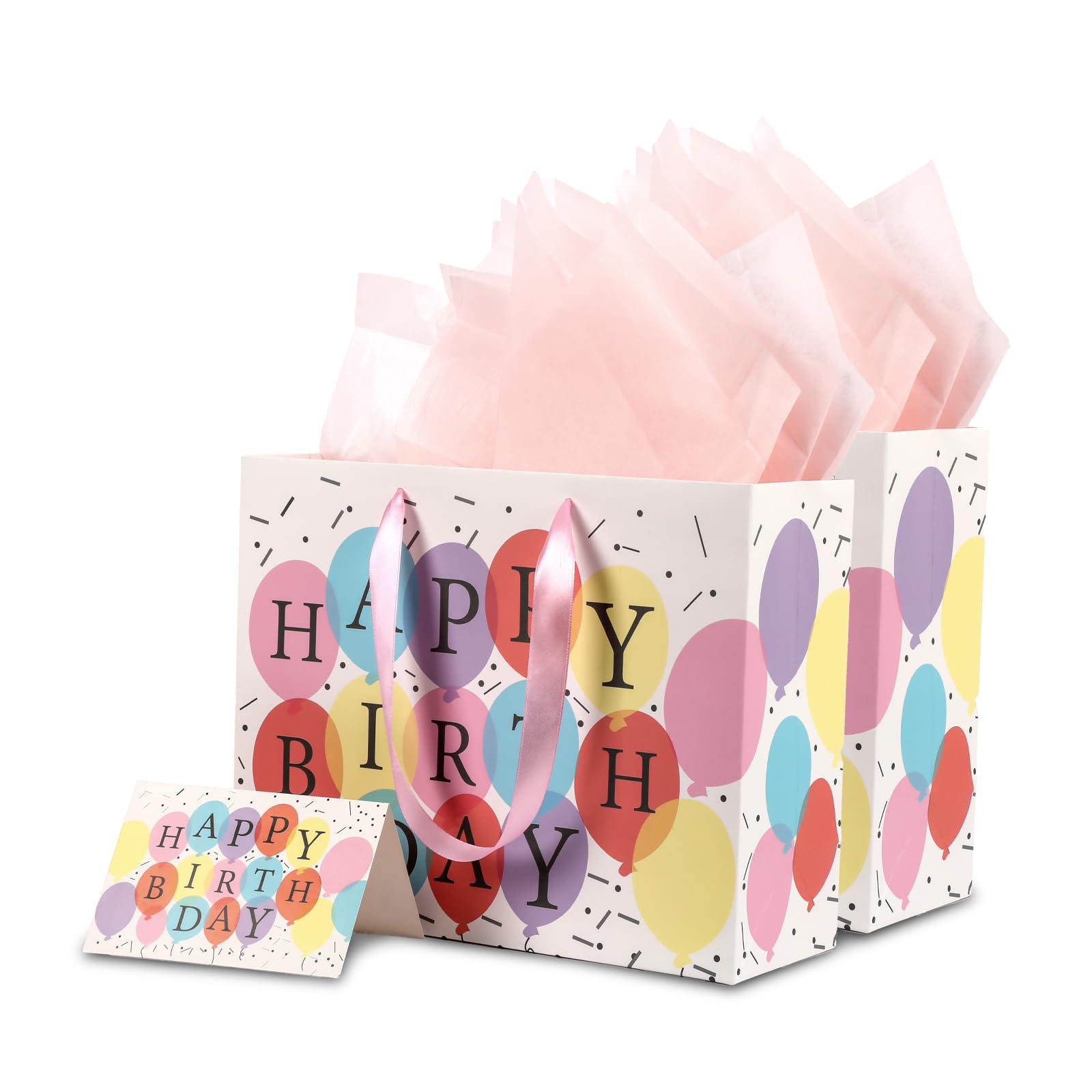 JOZEA Medium Birthday Gift Bags with Tissue Paper and Cards, 2-Pack Birthday Present Tote Bags with Handles, All-in-One Gift Wrapping Kit for Kids Adults Friends, 33x26x12cm (Balloons)