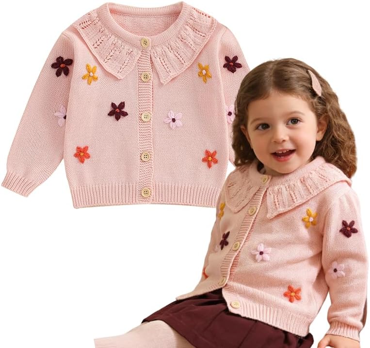 Toddler Baby Girl Cardigan Sweater Cute 3D Flower Design Long Sleeve Infant Fall Clothes Knitted Tops