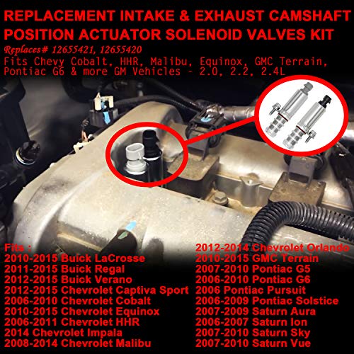 hikotor Intake Exhaust Camshaft Position Actuator Solenoid Control Valve Kit Replacement for Chevy Cobalt HHR Malibu Equinox GMC Terrain Pontiac G6 GM Vehicles 2.0L 2.2L 2.4L Fits to 12655421 12655420