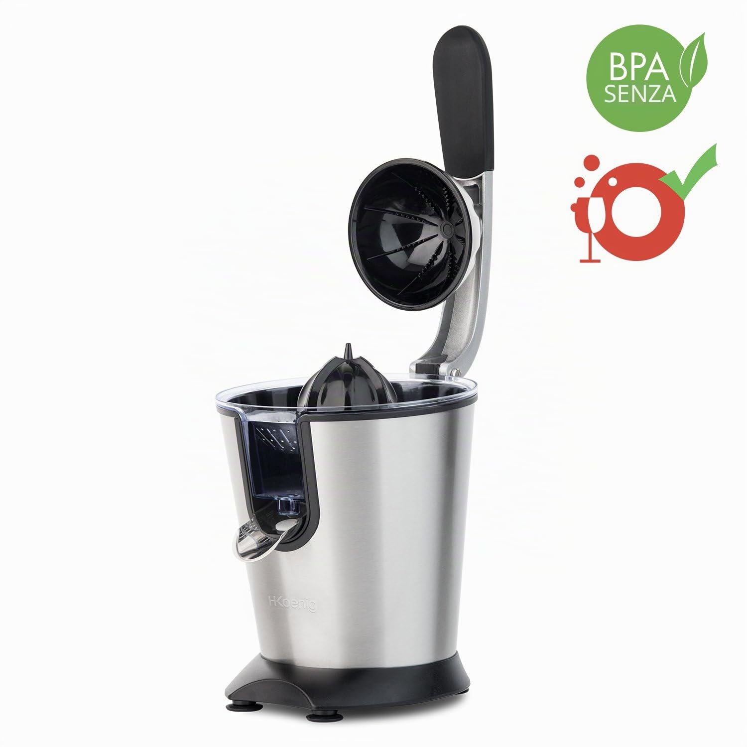 H.Koenig AGR80 Spremiagrumi elettrico professionale, 160W, leva e filtro in acciaio inox, beccuccio salvagoccia, senza BPA, potente, parti lavabili in lavastoviglie, colore argento