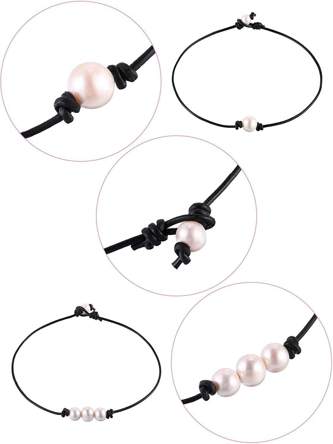 MauSong 2 Pieces Single Freshwater Pearl Necklace and 3 Freshwater Pearl Beads Choker on Black Leather Cord for Women - Image 2