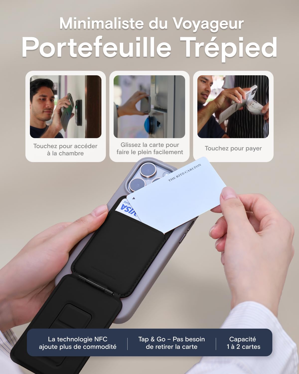 MOFT MagSafe Portefeuille avec trépied pour téléphone, Support de téléphone Compatible NFC, Perche à Selfie Format de Poche, Cuir végétalien MOVAS et Support de Carte magnétique à Angle réglable,