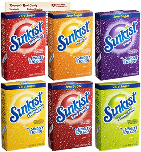 Sunkist Singles to Go Variety Pack | 1 Box Each of 6 Flavors - Pineapple, Strawberry, Orange, Grape, Lemon Lime and Red Punch | Bundled with Ballard Hard Candy Recipe Card