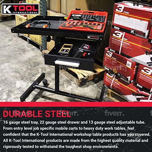 K Tool International 75107 Adjustable Tear Down Work Table With Drawer For Garages, Repair Shops, And Diy, Portable, (4) 2" Swivel Casters, 220 Pound Capacity, Rubber Corners, Heavy Duty Steel , Black #TOP7