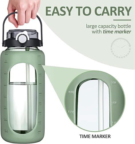 Miniatura 5 de BLUEGO Botellas de agua de vidrio de 64 onzas con marcador de tiempo y pajilla, botella de agua motivacional grande de medio galón, con funda de