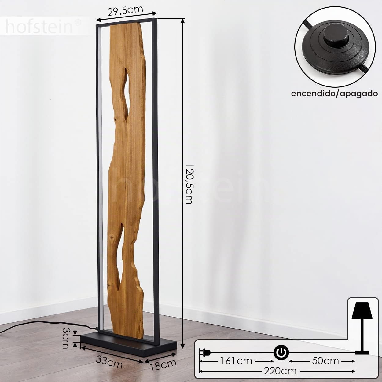 hofstein Lámpara de pie LED Nevogilde, lámpara de pie de metal/madera/plástico en negro/latón/blanco, lámpara de pie de diseño vintage con interruptor de pie y efecto de luz, 20 vatios (incl.)
