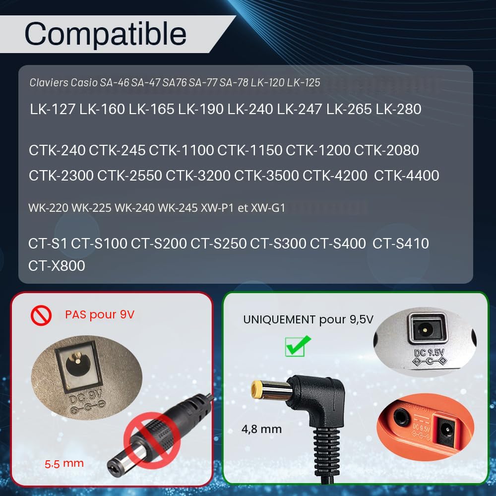 Adaptateur Secteur 9.5V Pour Claviers Casio LK-120 LK-125 LK-127 LK-160 - Chargeur Français