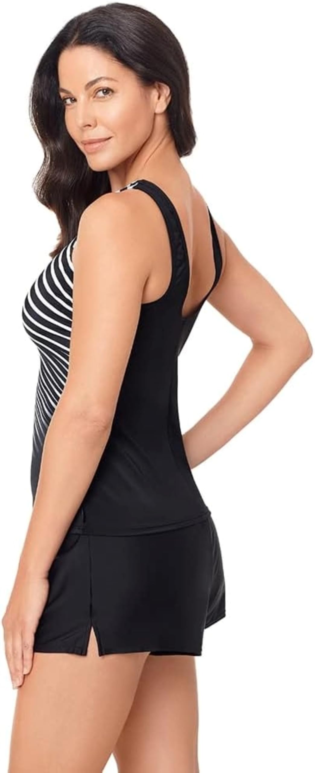 Reebok Women's Swimwear Sharp Focus High Neck Soft Cup Tankini Top, Black White, 14