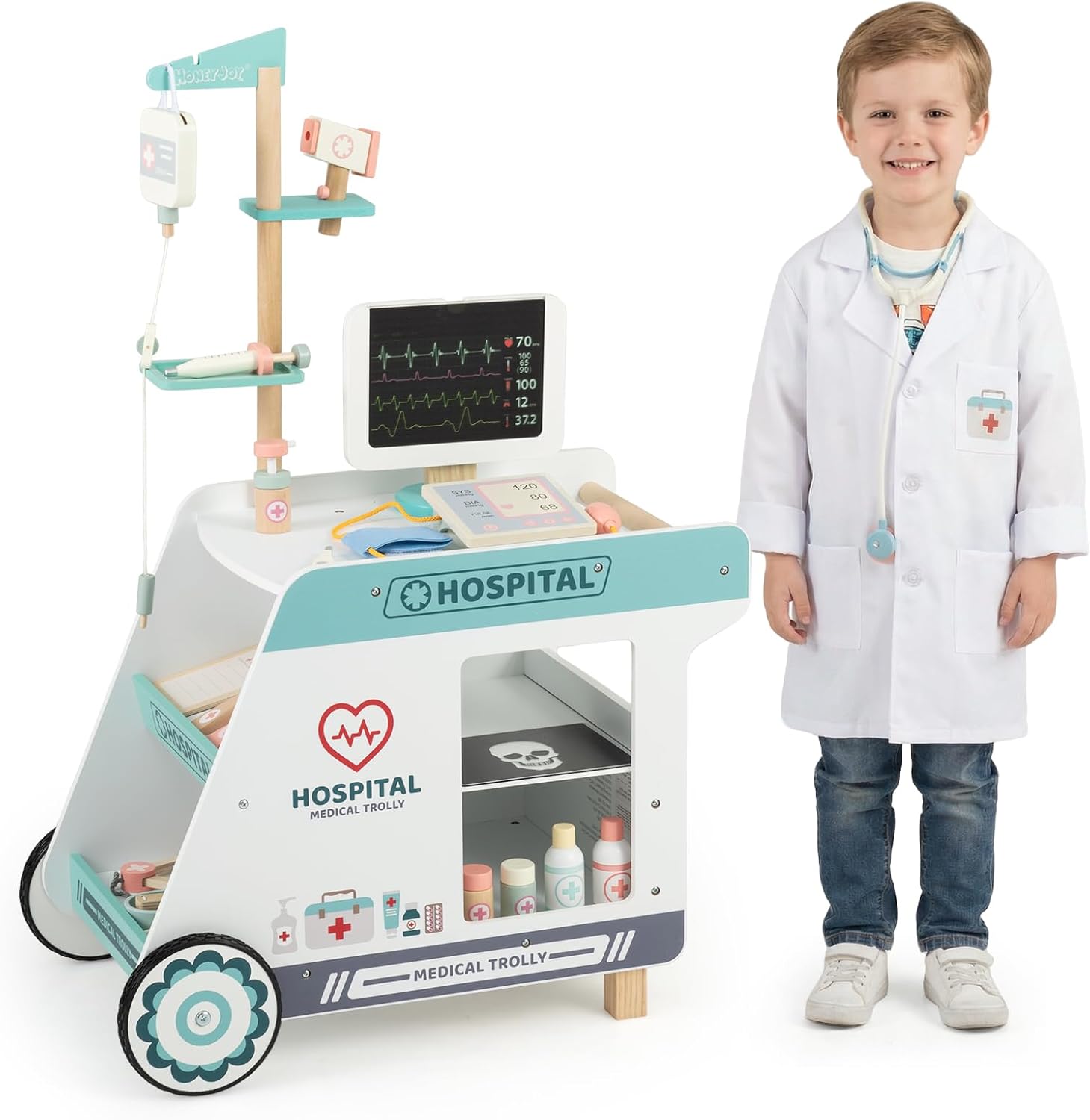 HONEY JOY Wooden Doctor Kit for Toddlers, Pretend Play Kids Hospital Doctor Playset w/Cart, CT Machine, Mobile Medical Station Dentist Vet Clinic, Interactive Accessories, Gift for Boys Girls (Blue)