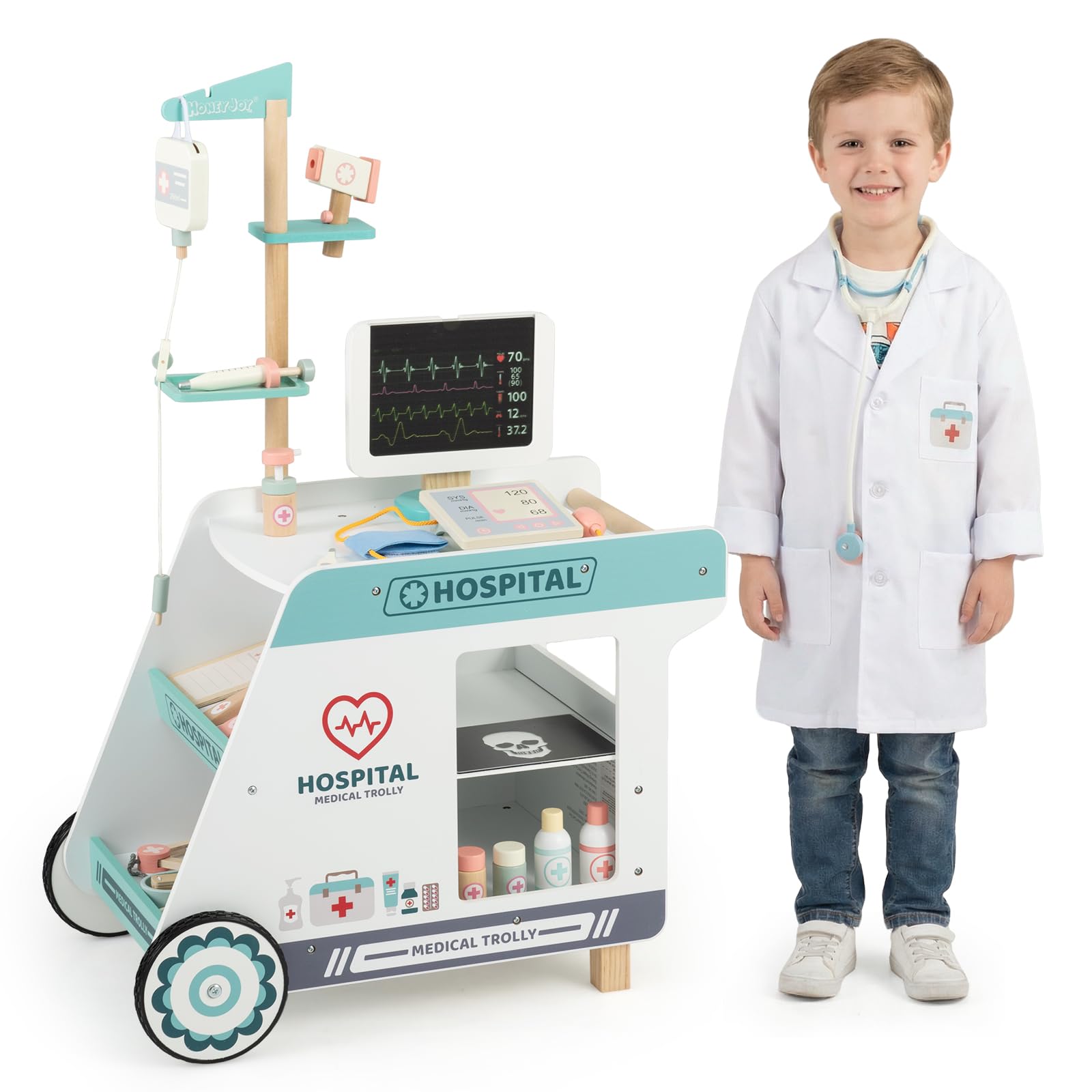 COSTWAY Wooden Doctor Playset, Kids Role Play Medical Station Cart with CT Machine, Stethoscope & Accessories, Mobile Toddler Pretend Hospital Play Set for Boys Girls (Green + White)