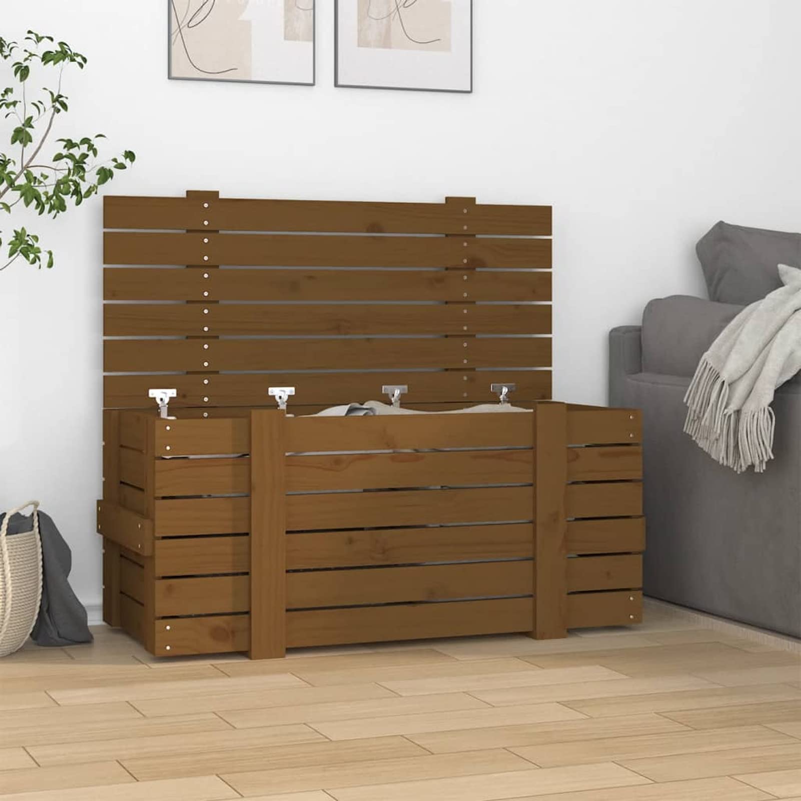 Homgoday Caja de almacenamiento ámbar 91 x 40,5 x 42 cm madera maciza de pino, muebles, baúles y baúles, contenedor de jardín, porta herramientas de jardín, puf de exterior, baúl de exterior
