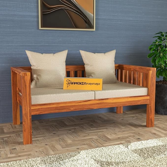 Image of Sheesham Wooden 2 Seater Sofa for Living Room | Rosewood 2 Seater Cushion Sofa Low Height | Solid Wood Sofa Set for Lounge (2 Seater,Honey)