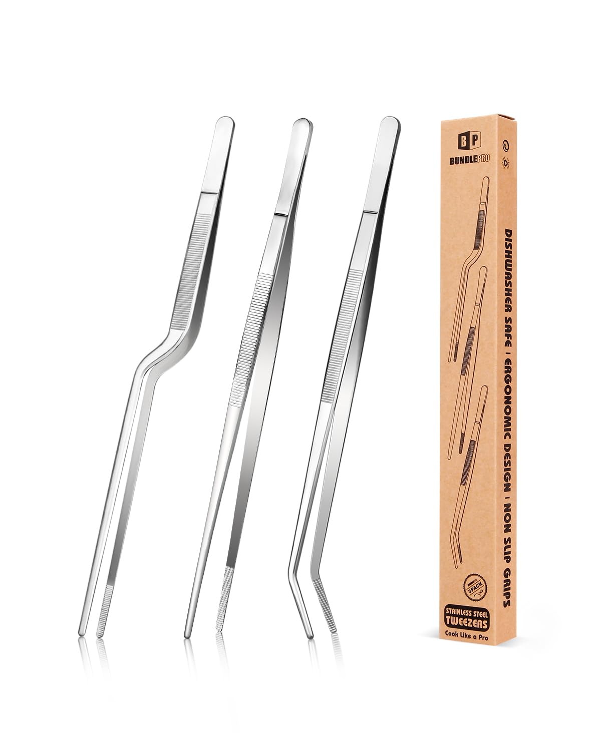 10 inch Fine Cooking Tweezers Set, Professional Stainless Steel Food Tongs, Kitchen Silver Long Chef for Cooking, Plating, Decorating and BBQ