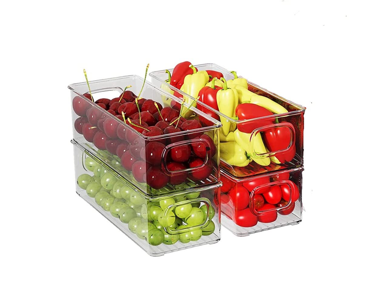 e World Fridge Storage Organizer, Stackable Storage Organizer - Clear BPA Free Organizer for Refrigerator, Freezer and Kitchen, Heat & Cold Resistant – Perfect for Countertops and Cabinets (Set of 4)