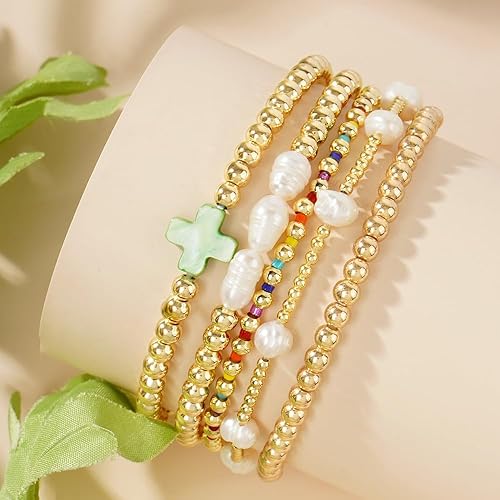 Miniatura 2 de Juego de pulseras de cruz con cuentas de oro de 14 quilates para mujer, elásticas, bohemias, coloridas cuentas cristianas, regalo de moda