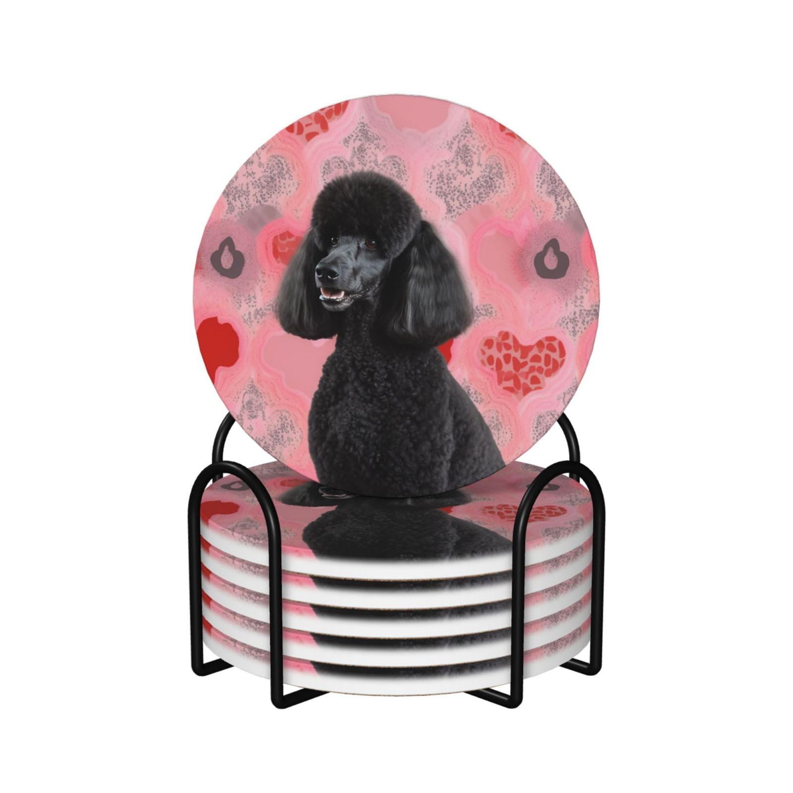 Dessous de verre caniches roses en céramique avec support, lot de 6 tapis de table absorbants