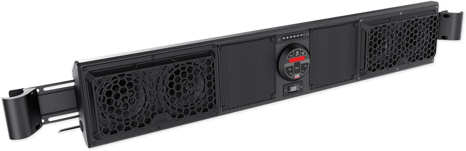 MTX Bluetooth 4-Speaker Overhead UTV Audio Sound Bar System, Mud Series MUDSYS46 - Outdoor Off-Road Wireless Roll Cage Stereo & Radio with Aux Input