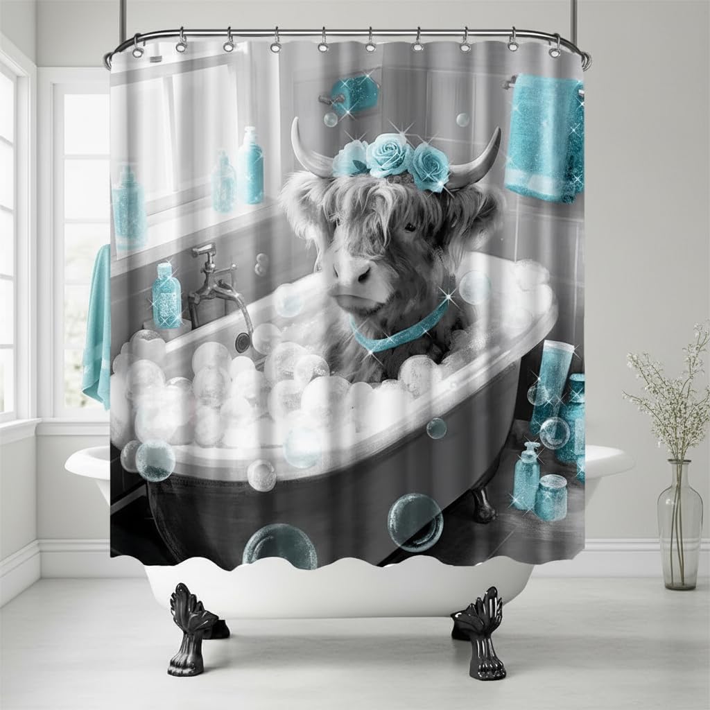 Highland Cow Shower Curtain Cow Bathroom Decor Funny Animal Bathroom Curtain with 12 Hooks 72x72 Inchs (Teal)