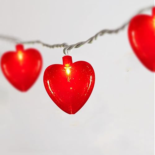 Guirnalda de luces de corazón rojo, 8.5 pies, luces de decoración del día de San Valentín con 10 luces de corazón con purpurina, luces de hadas de