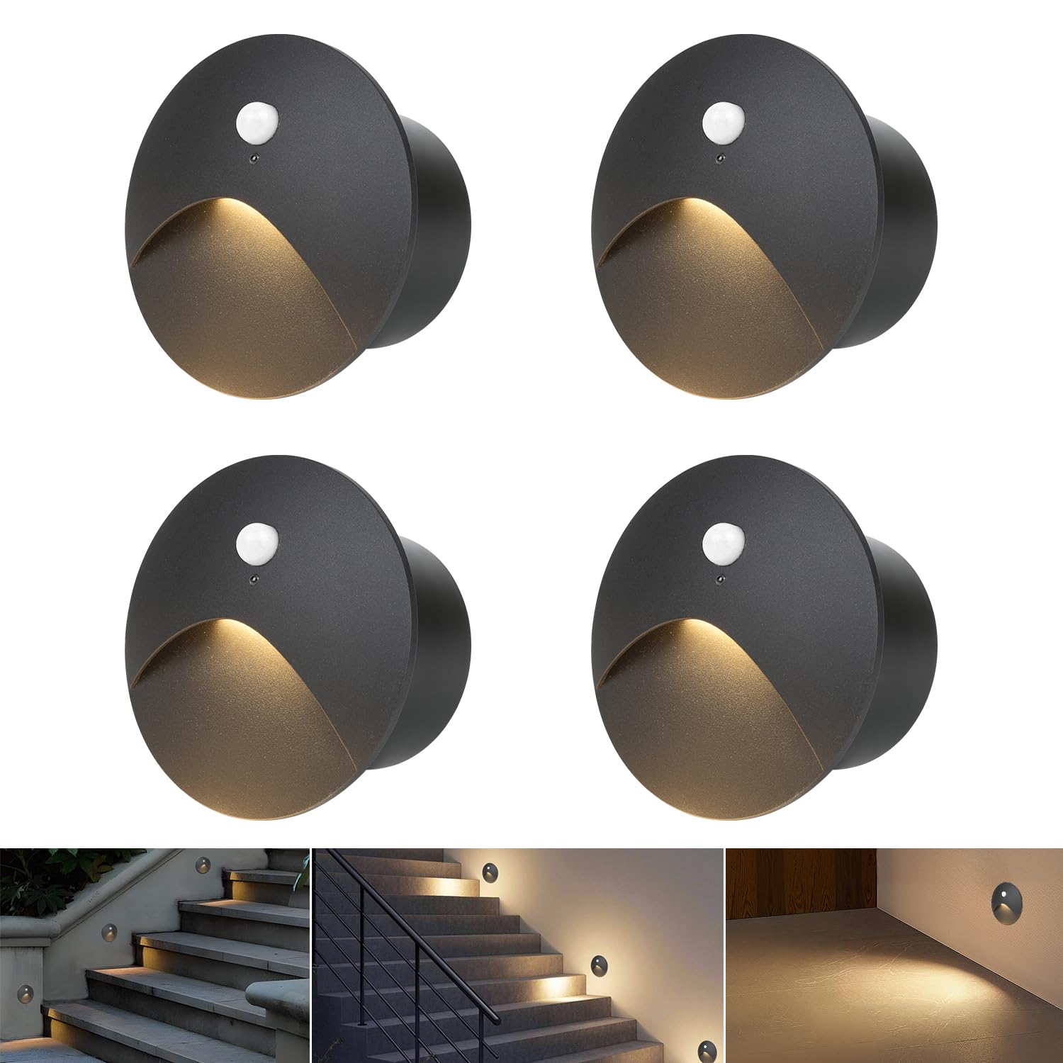 Arotelicht 4 Applique Encastré Murale LED 3W avec Détecteur de Mouvement, Blanc Chaud 230V, Ronds, éclairage d'Escalier, étanches, aluminium, Luminaire intérieur/extérieur,éclairage de Marches, Ø60mm