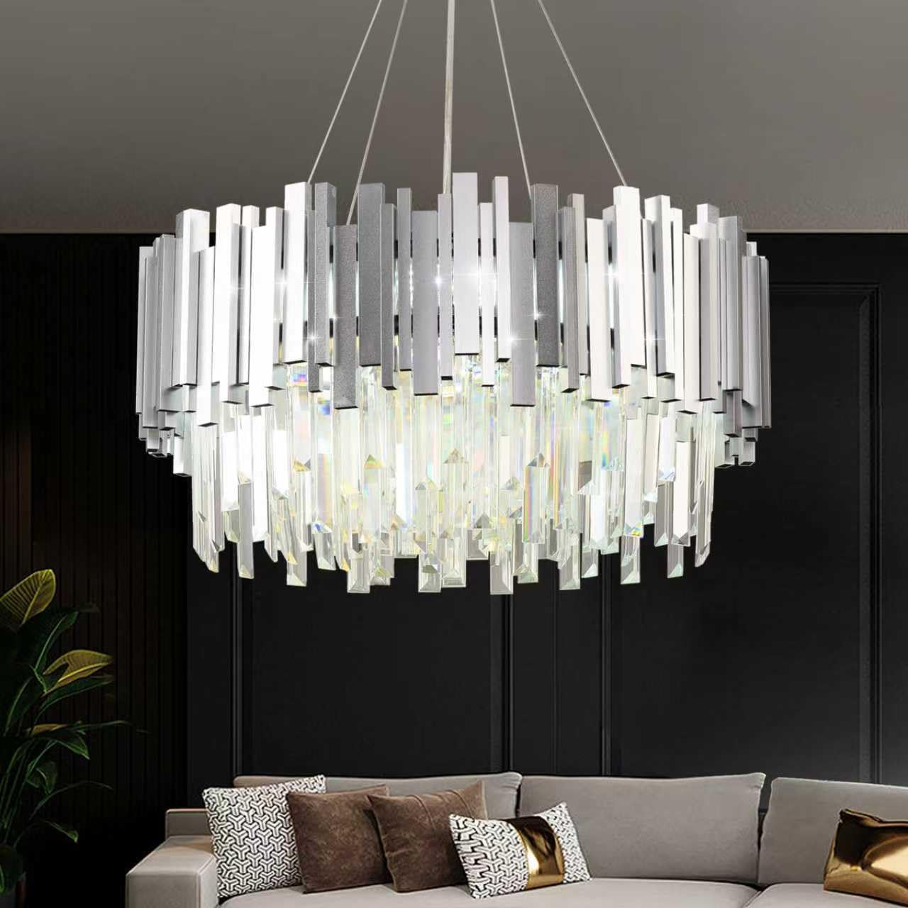 Luxury E14 Crystal Chandelier,2 in 1 Chandeliers Ceiling Light,Gold Ceiling Lights Living Room,Round Lampshades 3 Tiers K9 Crystals Pendant Light (55 * 55 Cm Silver) [Energy Class C]