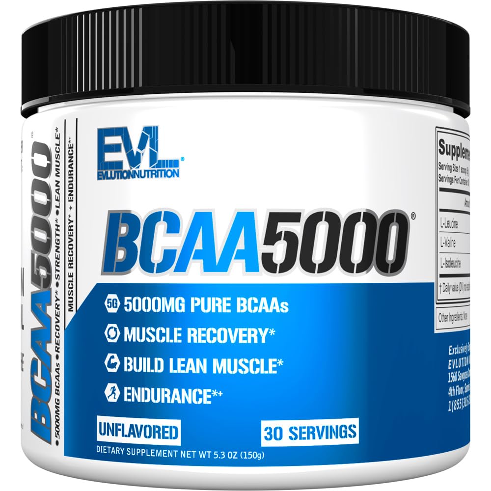Evlution EVL BCAAs Amino Acids Powder - BCAA Powder Post Workout Recovery Drink and Stim Free Pre Workout Energy - 5g Branched Chain Amino Acids Supplement for Men - Unflavored 30 Servings