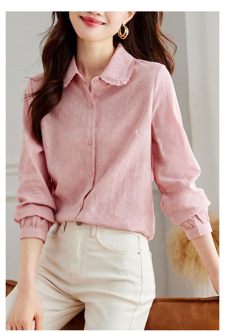 Camisas De Manga Larga De Algodón para Mujer, Blusa Tipo Túnica De Jacquard con Botones Y Ribete De Encaje Y Solapa Azul, Informal, Ajustada, para Uso Diario, Estilo Camisola Elegante.