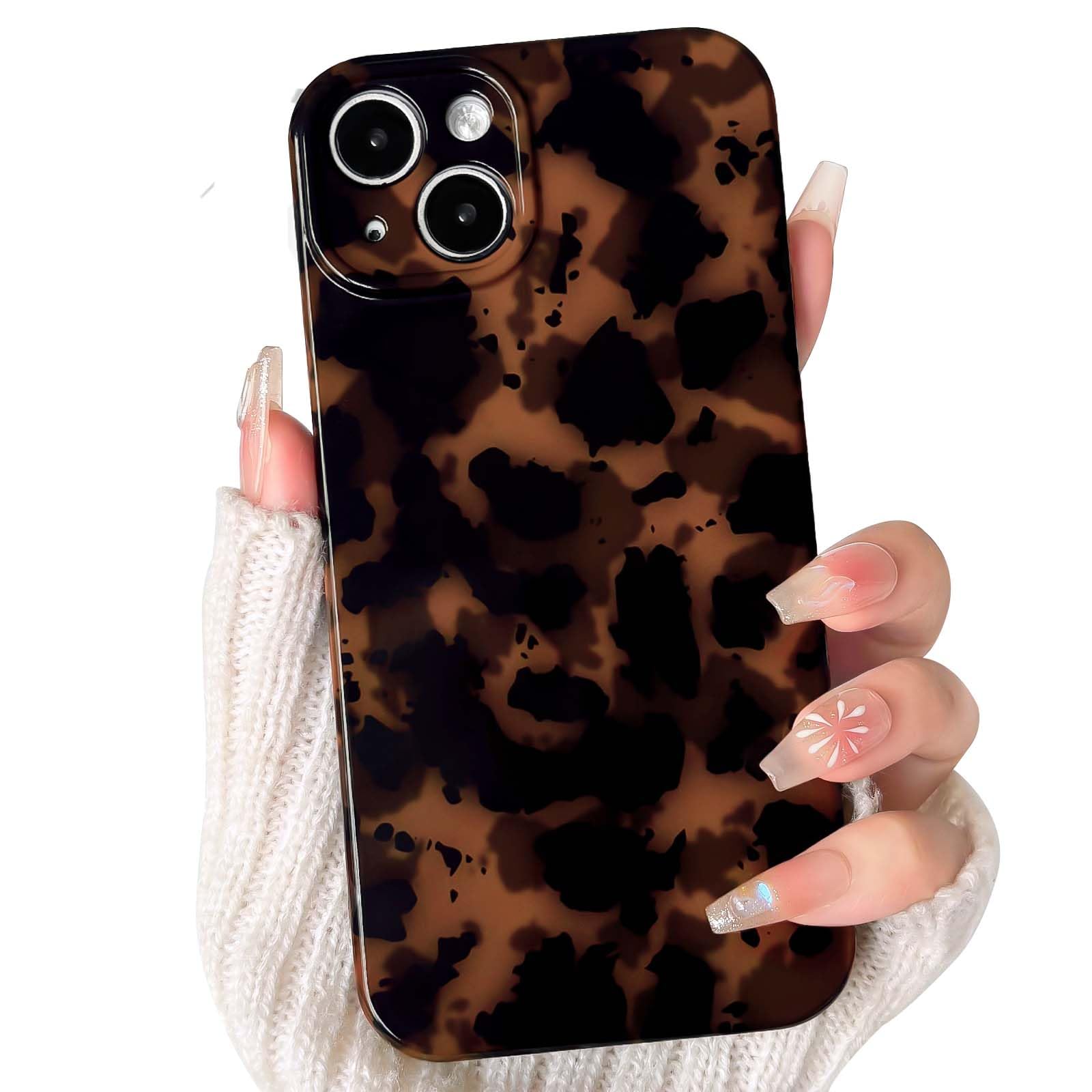 NITITOP Compatible for iPhone 14 Plus / 15 Plus Case Cute Stylish Leopard Print Brown Amber Aesthetic Design for Women Girls Men Soft TPU Shockproof