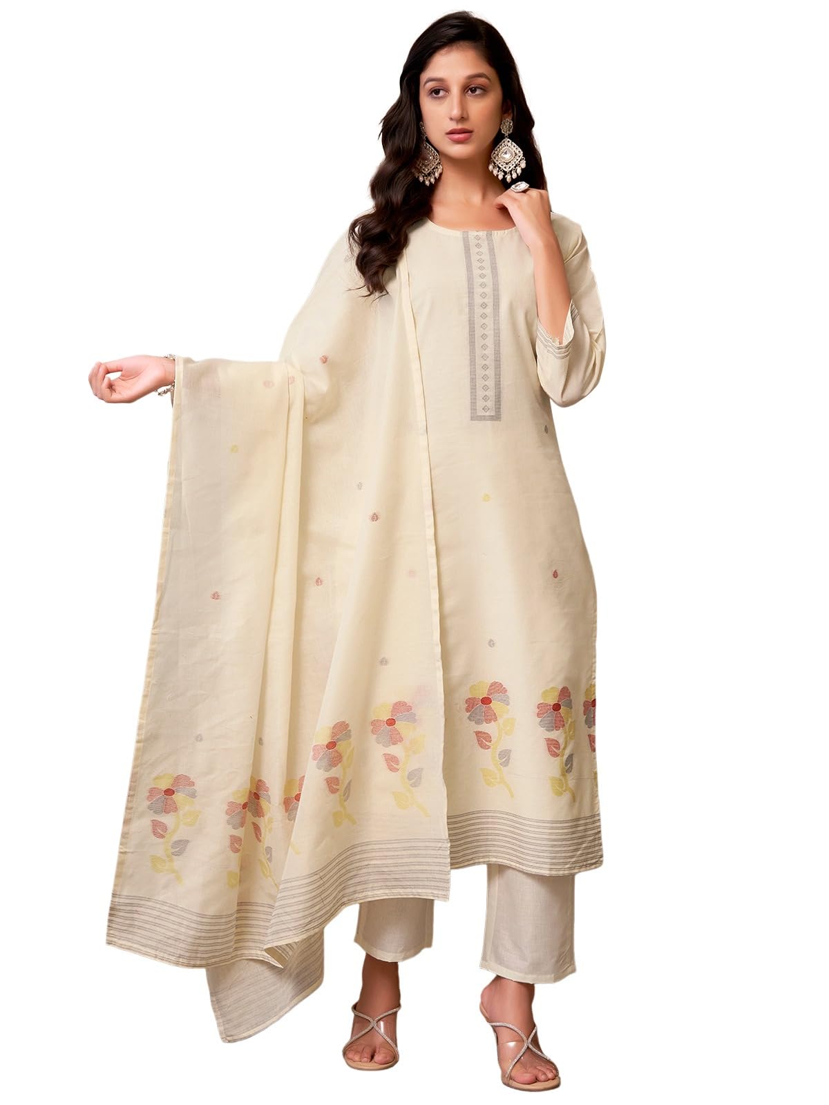 Sanisa Women's Cotton Jacquard Work Straight Kurta With Pant And Dupatta Set (212Kbd2249Na-M_Cream & Multi3)