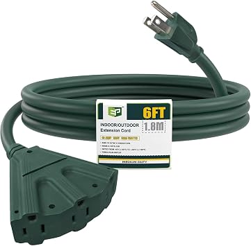 EP 6 Ft Outdoor Extension Cord, 16/3 SJTW 3 Electrical Power Outlets, Green