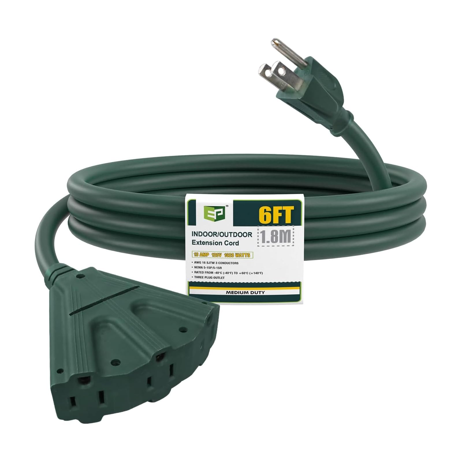 EP 6 Ft Outdoor Extension Cord with 3 Electrical Power Outlets - 16/3 SJTW Green Cable with 3 Prong Grounded Plug for Safety Great for Christmas