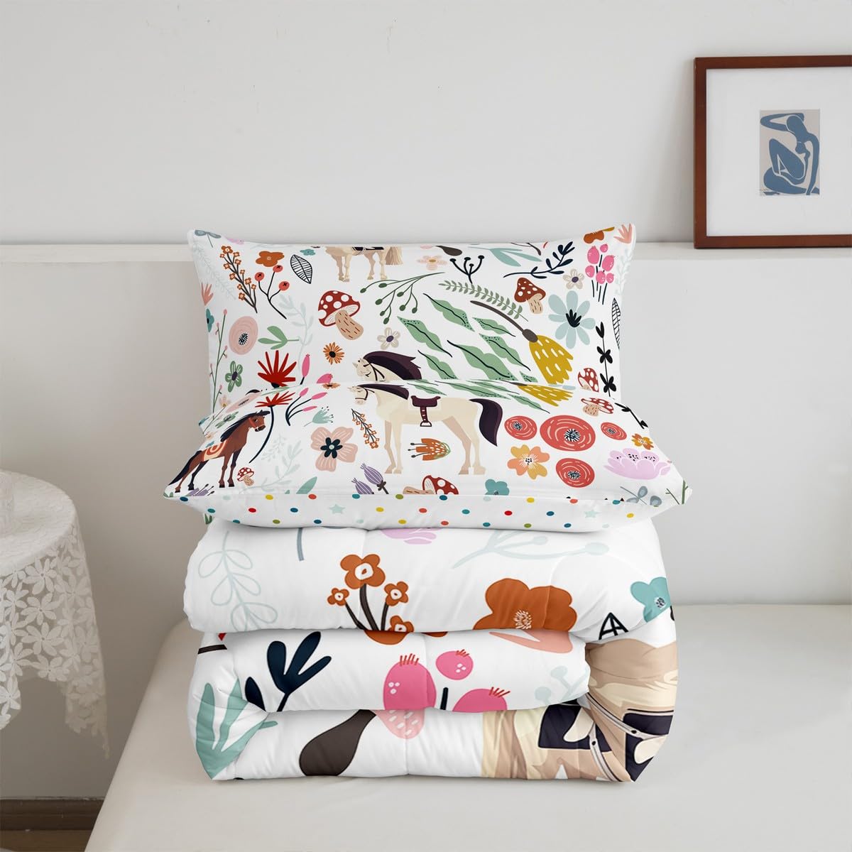 Erosebridal Juego de edredón de caballo occidental, juego de ropa de cama individual con diseño floral de hongos para niños, edredón de animales de dibujos animados, flores de acuarela, hojas, relleno