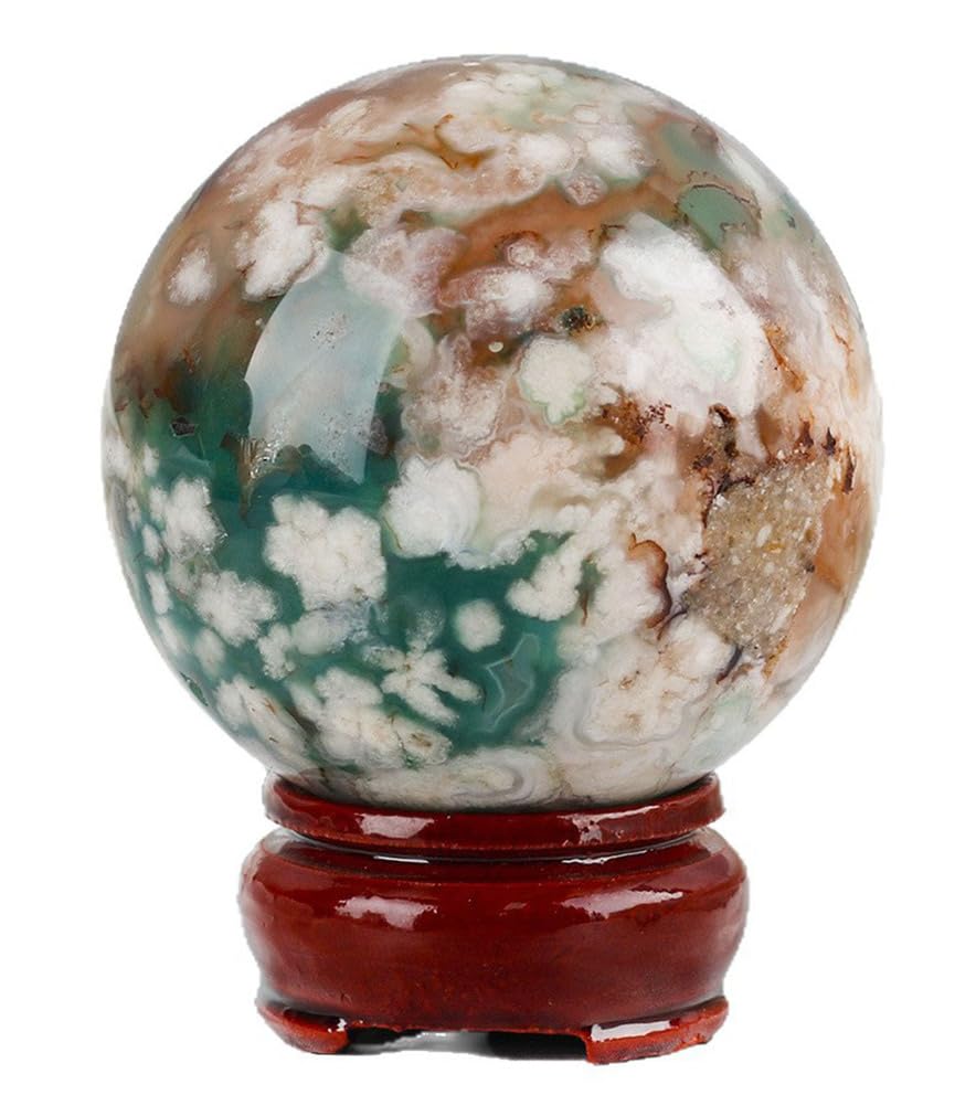 RVBLRDSE Green Cherry Blossom Agate Crystal Sphere|Polished Ball Decoration for Home & Office| Stone Orb Sculpture Figurine,70mm Gemstone Stone